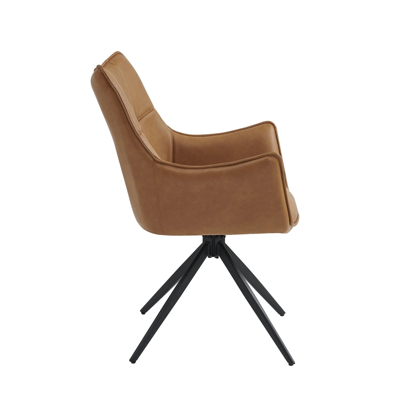 Tan leather dining chair with padded seat and black metal legs, side profile view