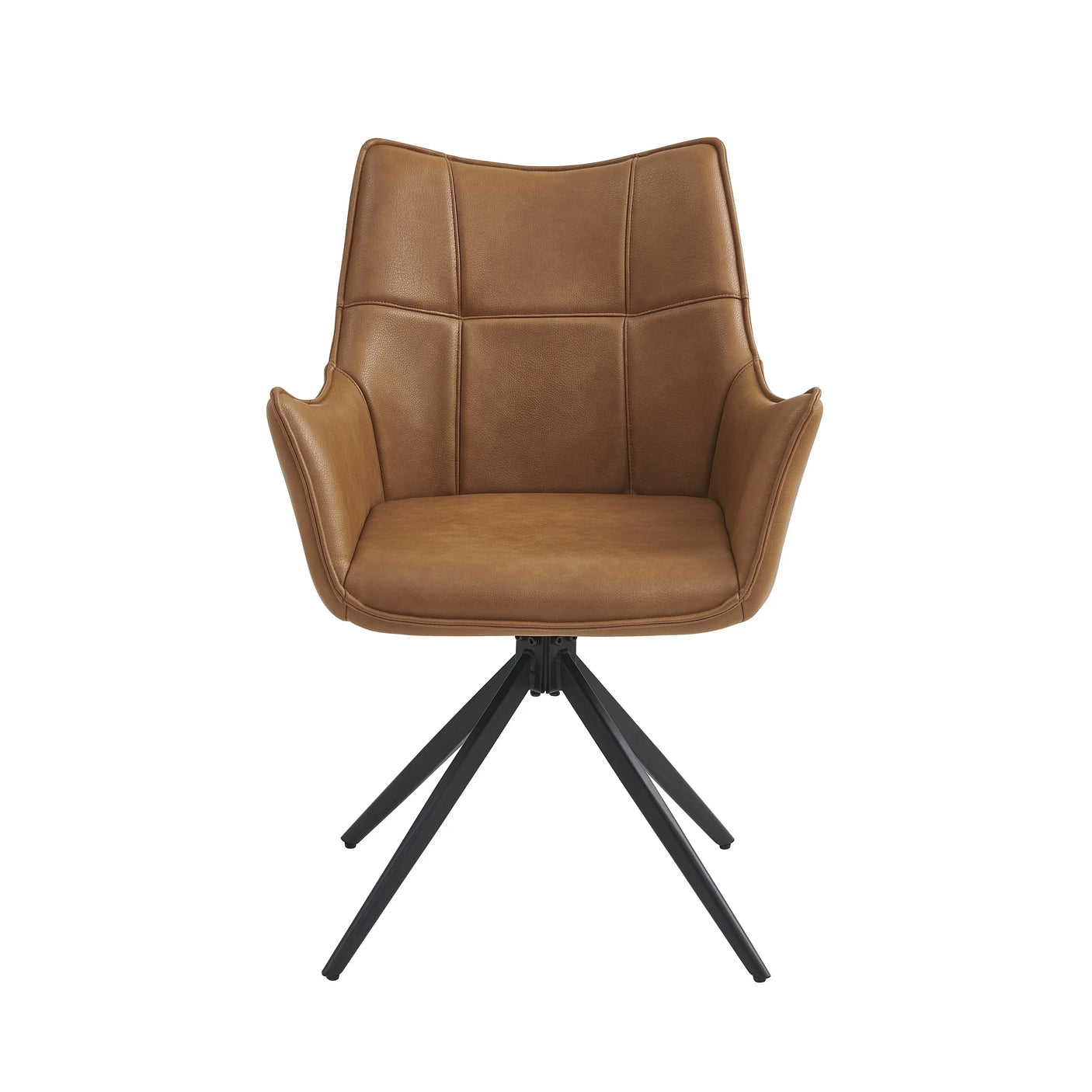 Brown leather dining chair with black metal legs and armrests, front view