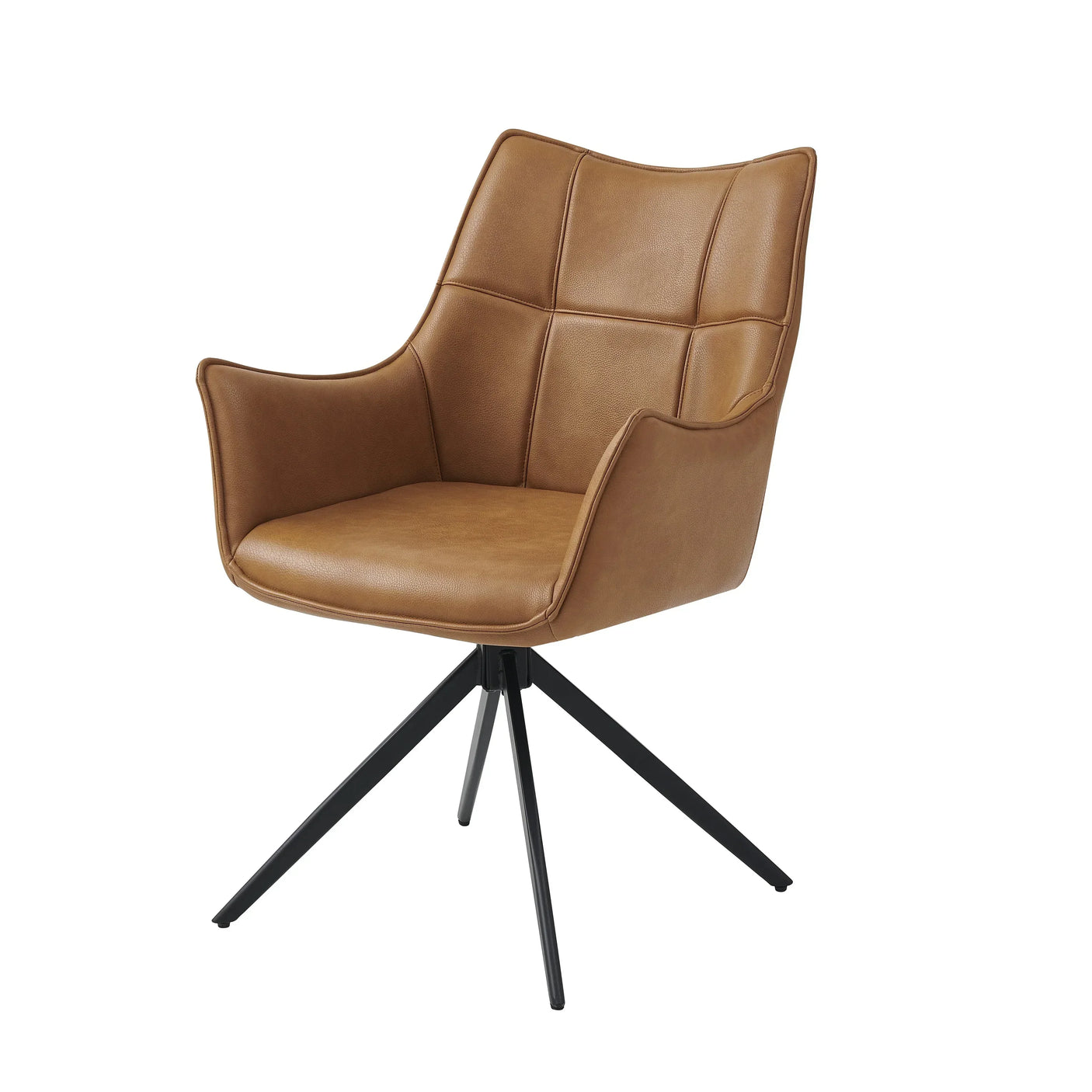 Brown leather dining chair with padded seat and black metal legs