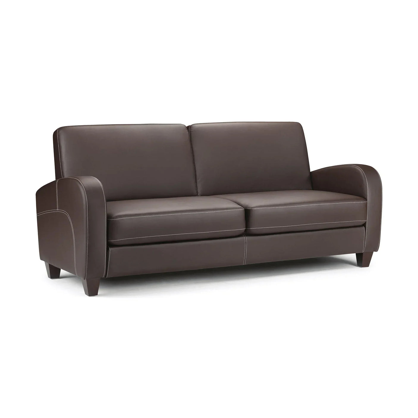 Chestnut brown three seater sofa with curved arms and visible stitching on white background