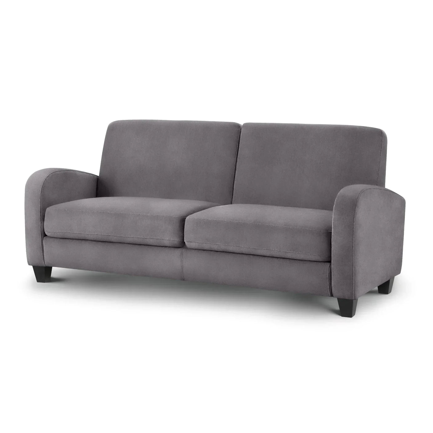 Dusk grey three seater sofa with soft fabric upholstery and gently curved armrests
