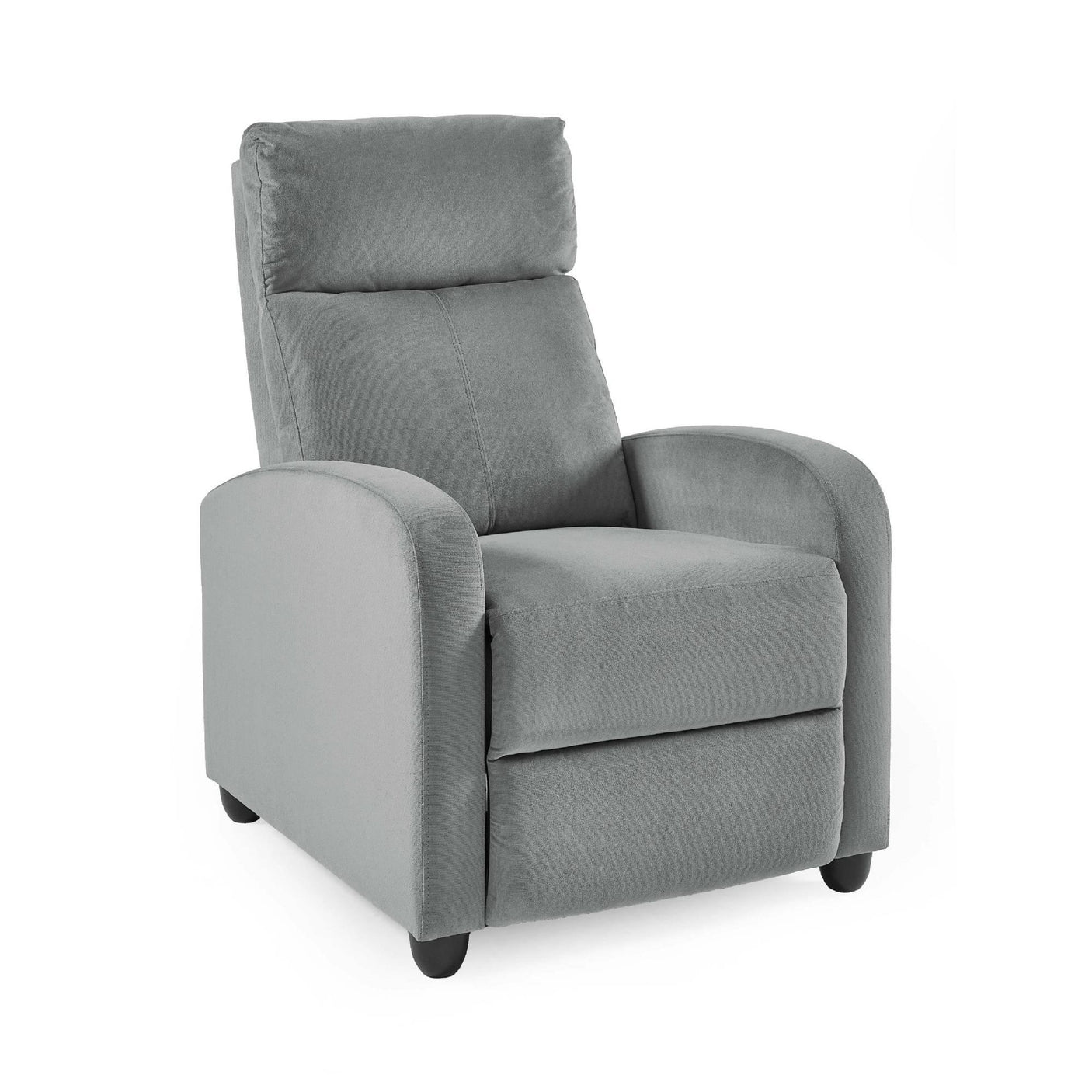 Light grey fabric recliner chair with padded backrest and armrests on white background