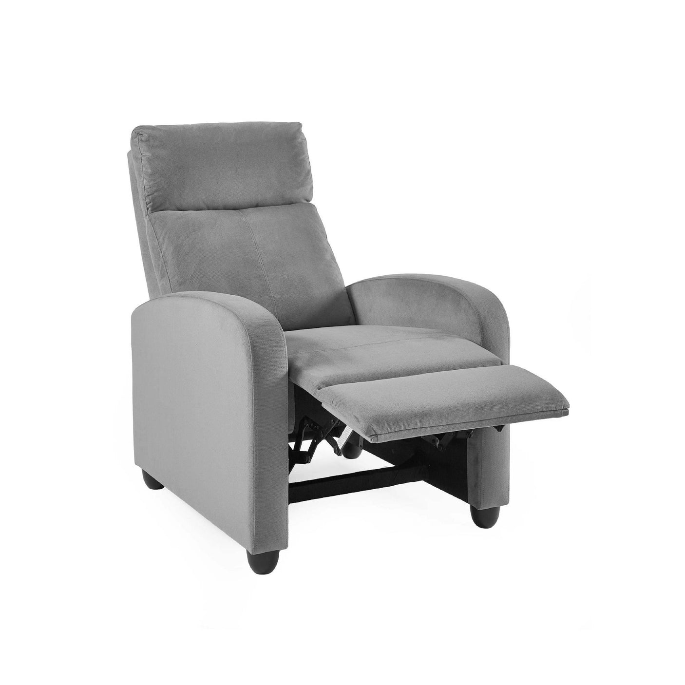 Grey fabric recliner chair with padded seat, extended footrest and curved armrests