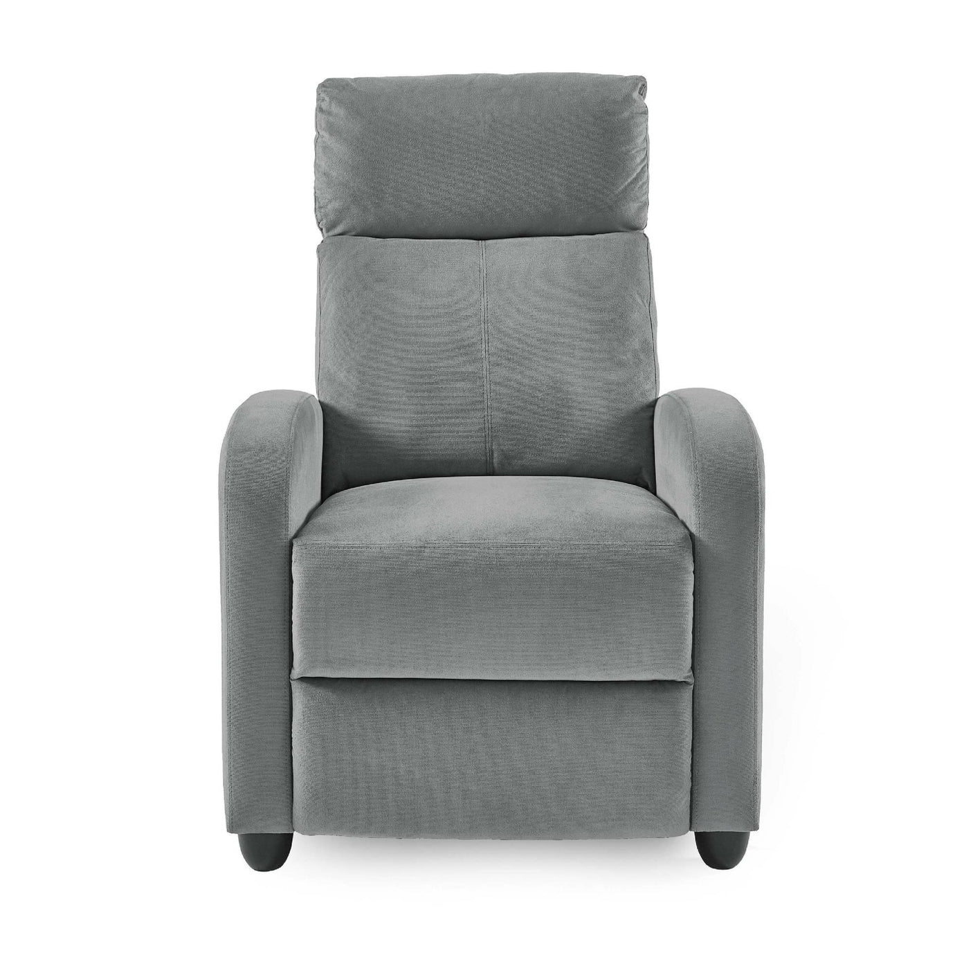 Grey fabric recliner armchair with padded backrest and seat, front view