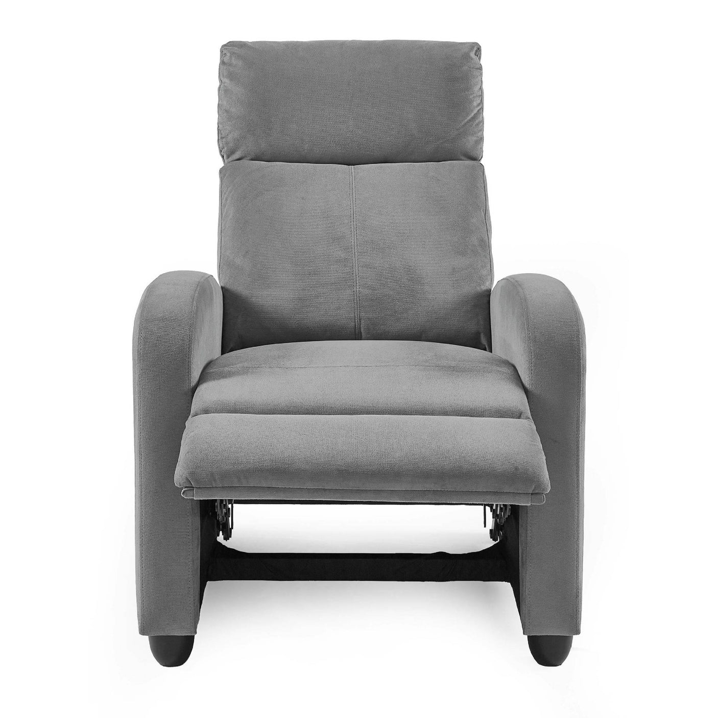 Front view of grey fabric recliner armchair with extended footrest