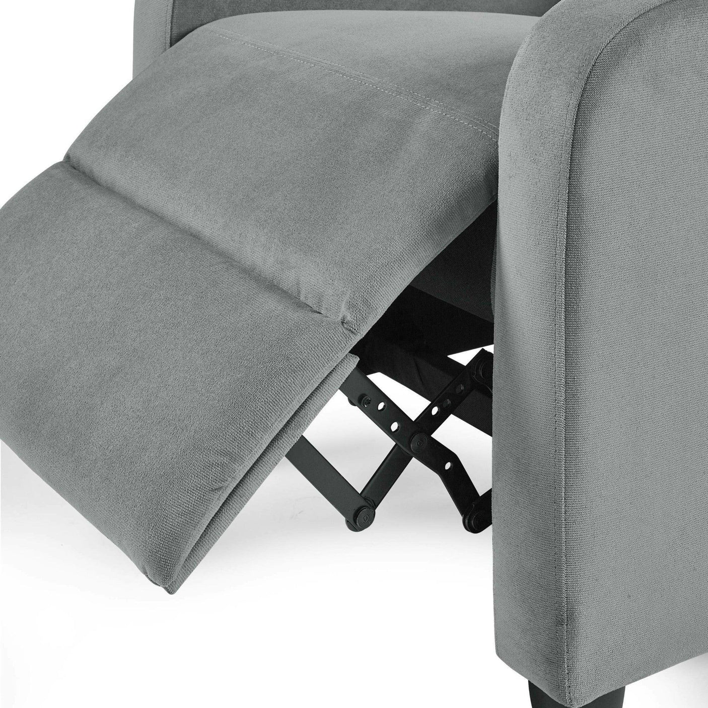 Grey fabric recliner chair with extended footrest, close-up on arm and mechanism