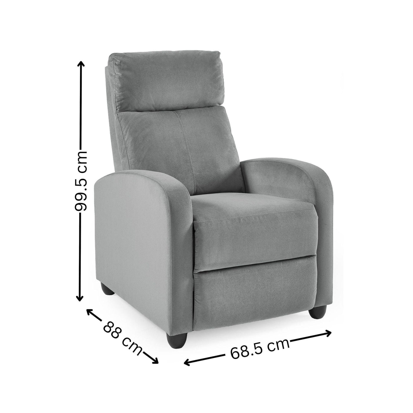 Grey fabric armchair with recliner feature, shown with dimensions in centimeters
