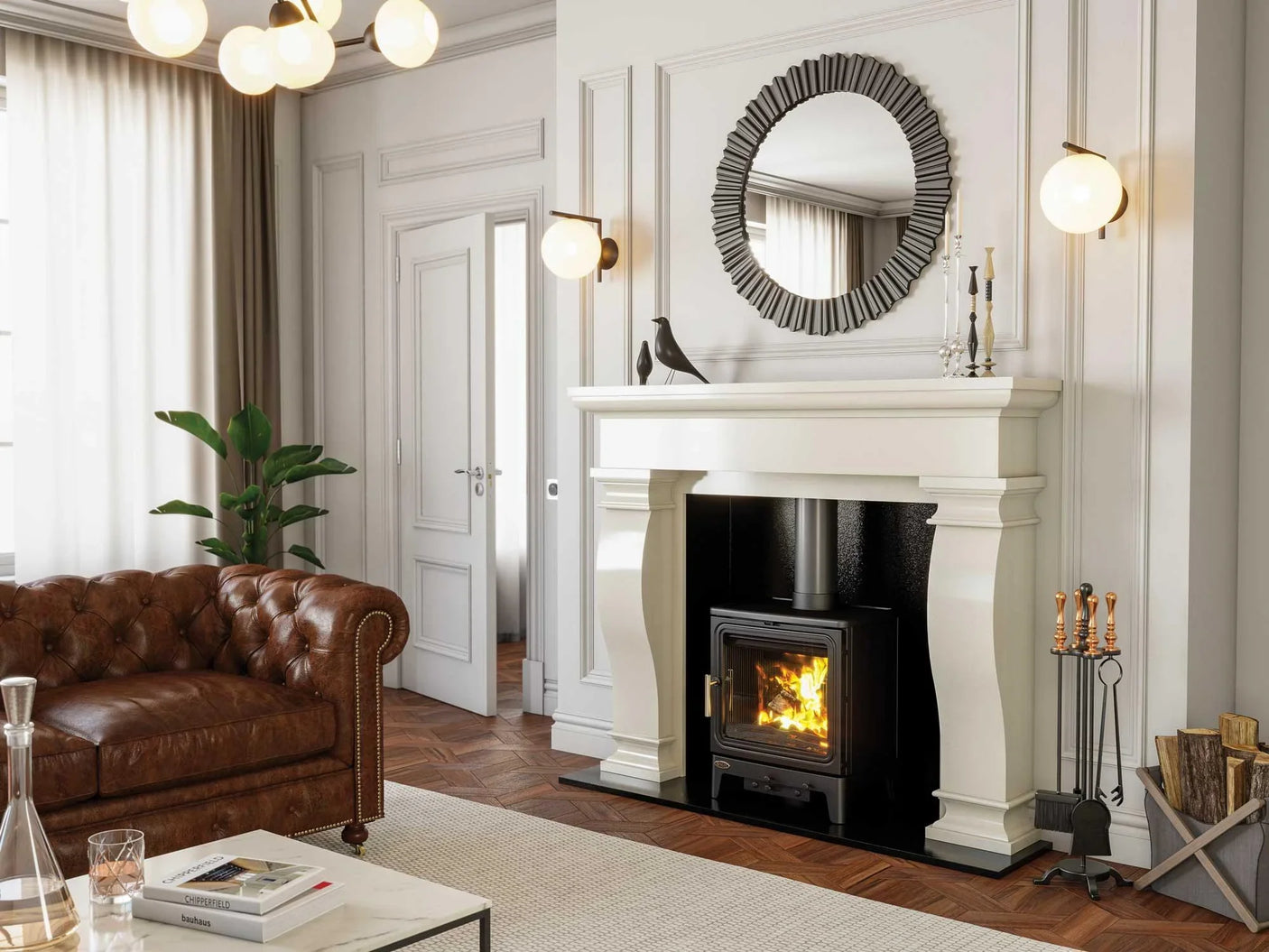 Brown leather chesterfield sofa in modern living room with fireplace and marble coffee table