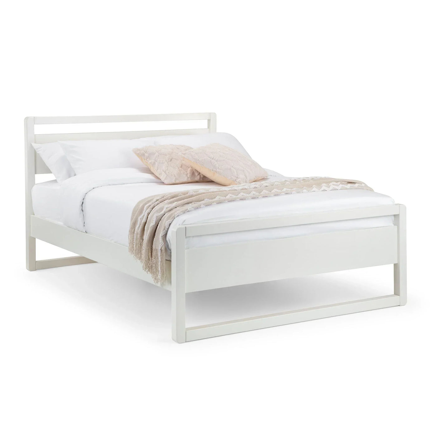 White wooden bed frame with headboard, dressed in neutral bedding and two textured cushions