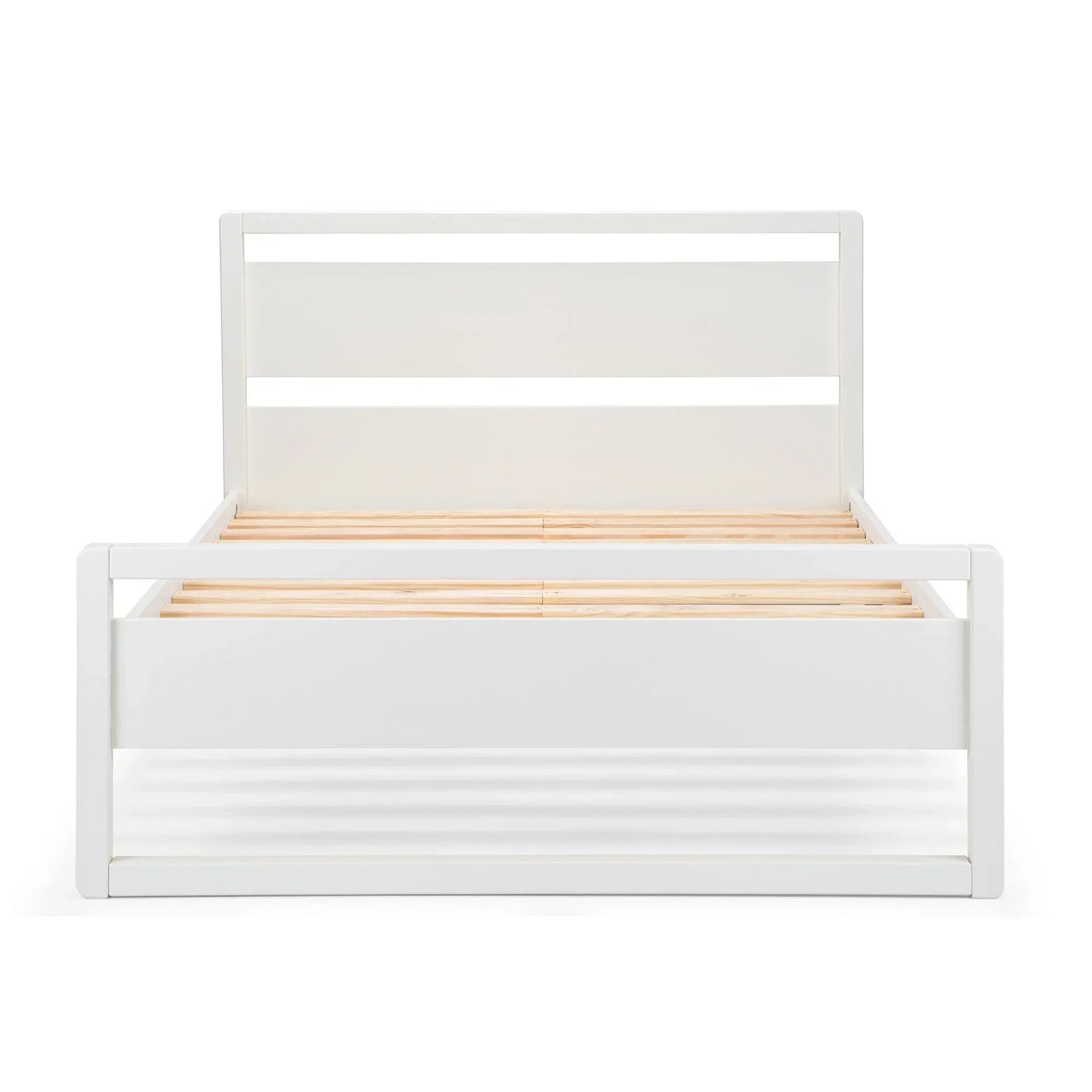 White wooden bed frame with slatted base and modern headboard, front view