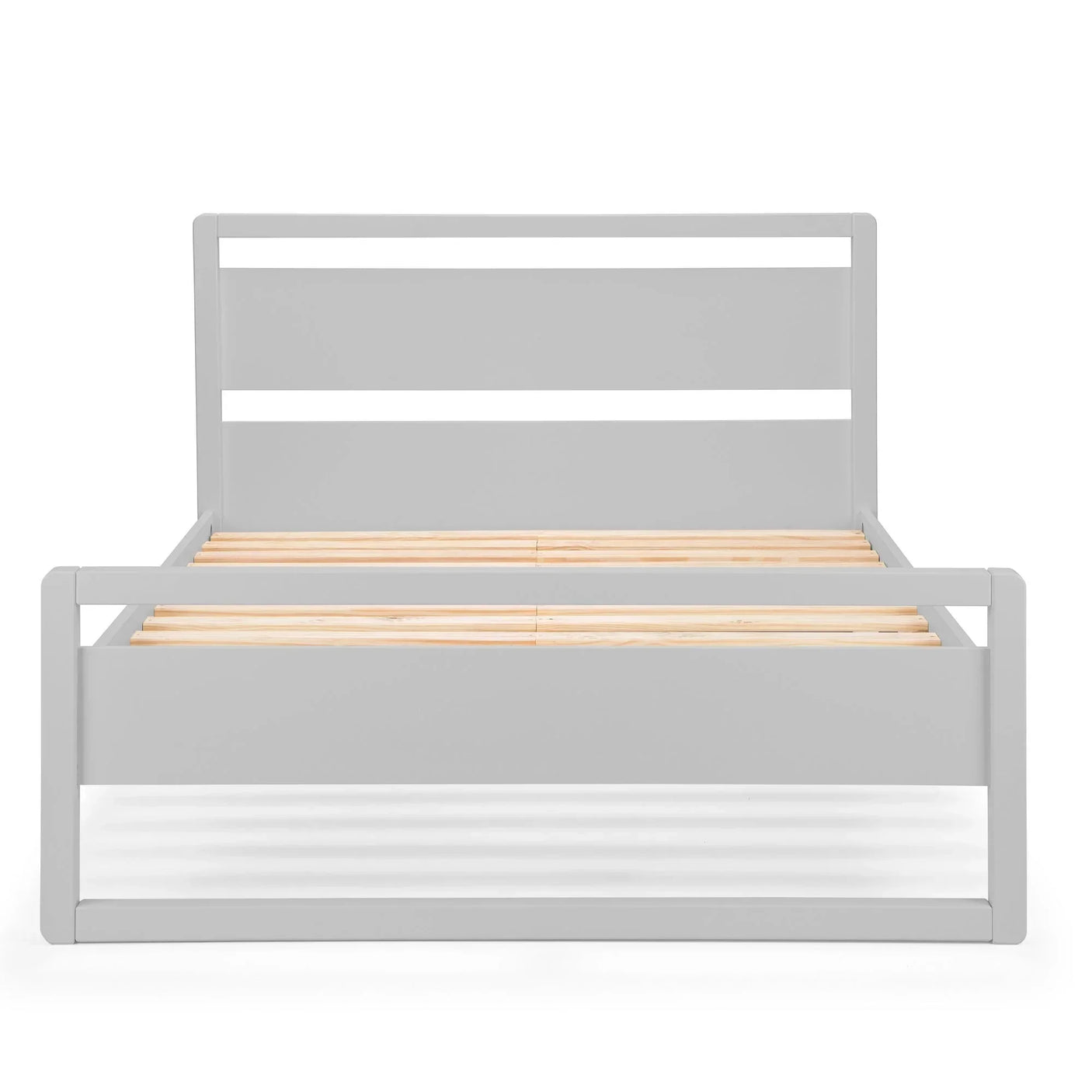 Dove grey wooden bed frame with slatted base and panel headboard, front view