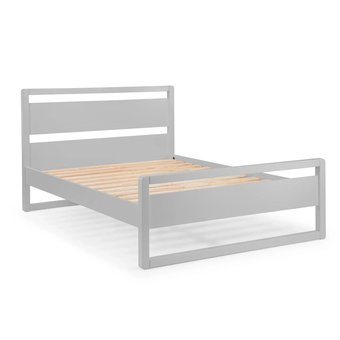 Dove grey wooden bed frame with slatted base, modern headboard and footboard design