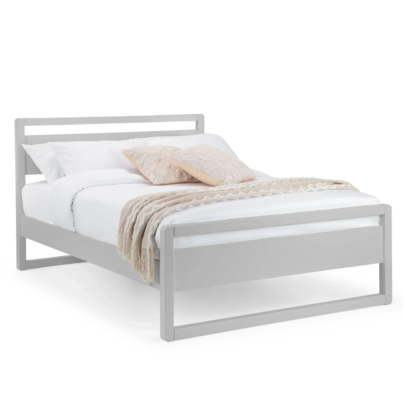 Dove grey wooden bed frame with white bedding, two cushions, and a textured throw blanket