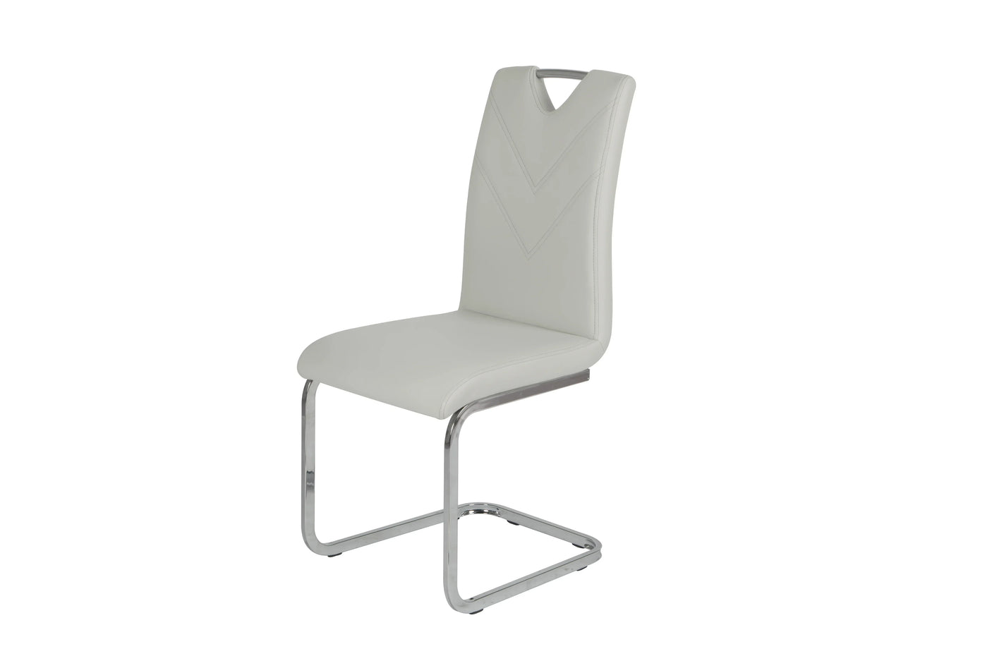 White faux leather dining chair with chrome cantilever base and V-shaped backrest detail
