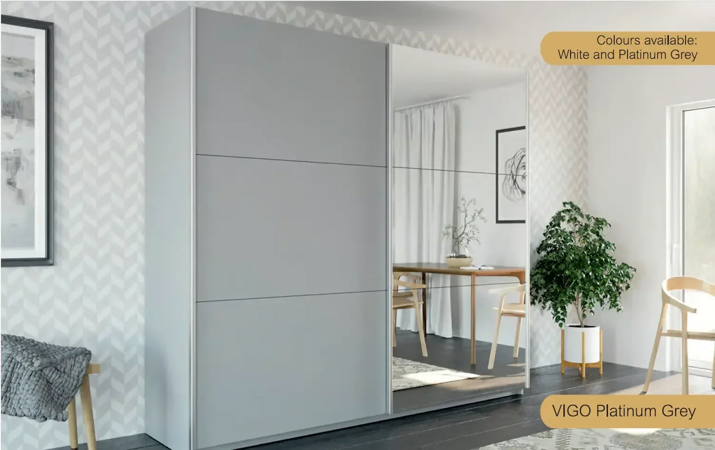 Platinum grey sliding door wardrobe with full-length mirror in modern bedroom setting