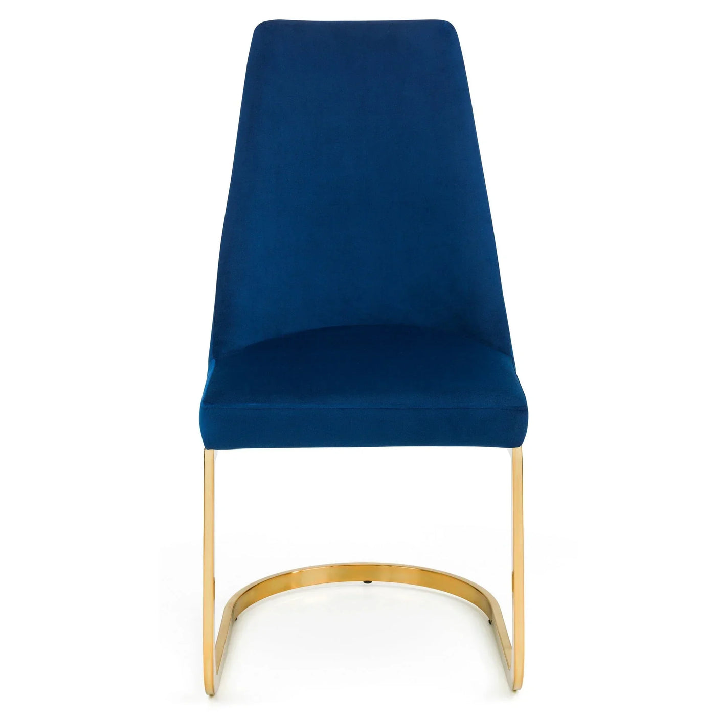 Blue cantilever chair with gold metal base, front view showing seat and backrest