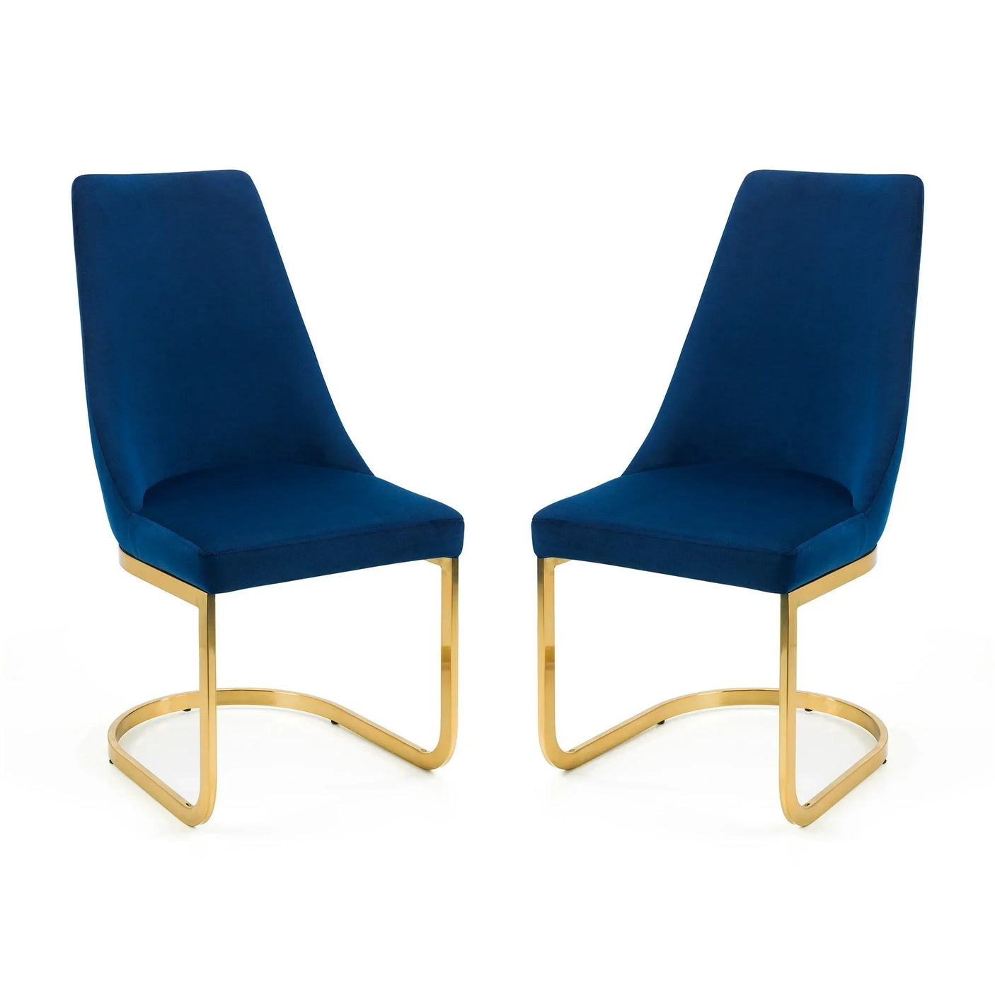 Set of two blue cantilever chairs with gold metal frames on white background