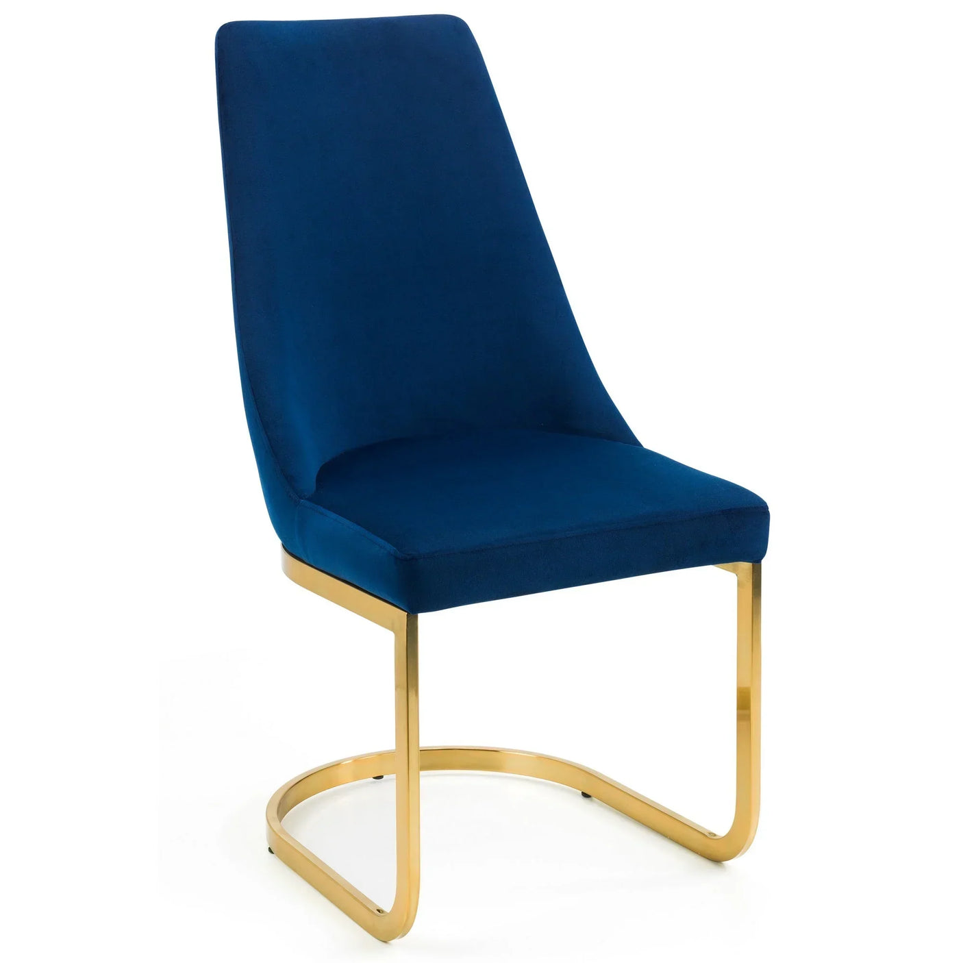 Blue cantilever chair with gold metal frame and upholstered seat, angled front view