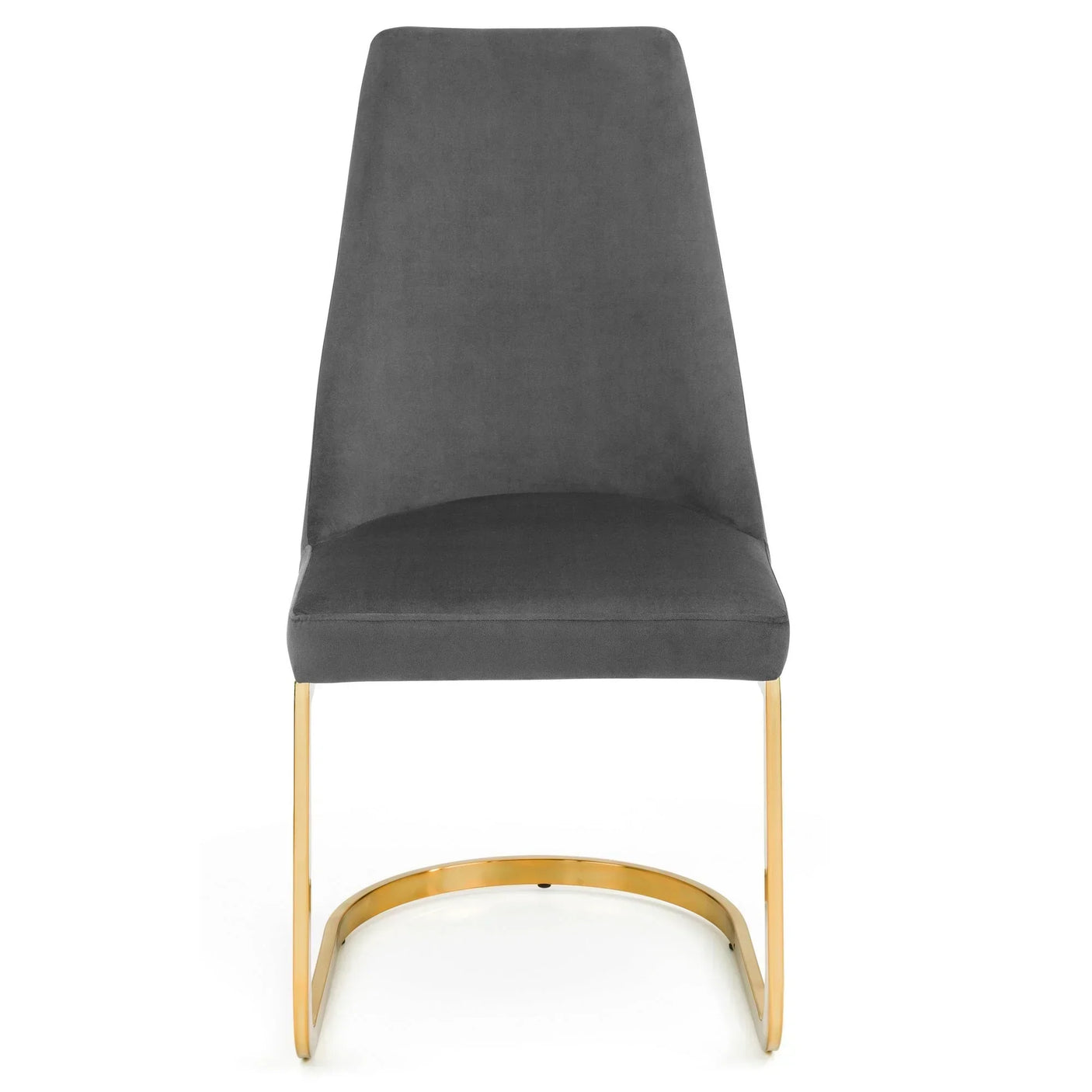 Grey cantilever chair with gold metal base, front view