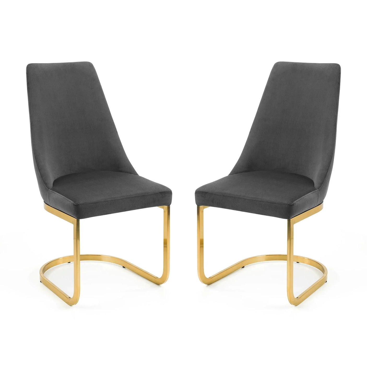 Set of two grey cantilever chairs with gold metal legs on white background
