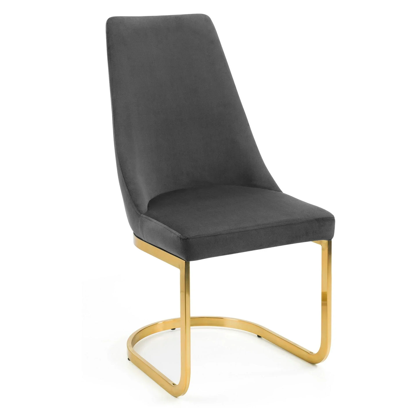 Grey cantilever chair with gold metal frame and upholstered seat, side view