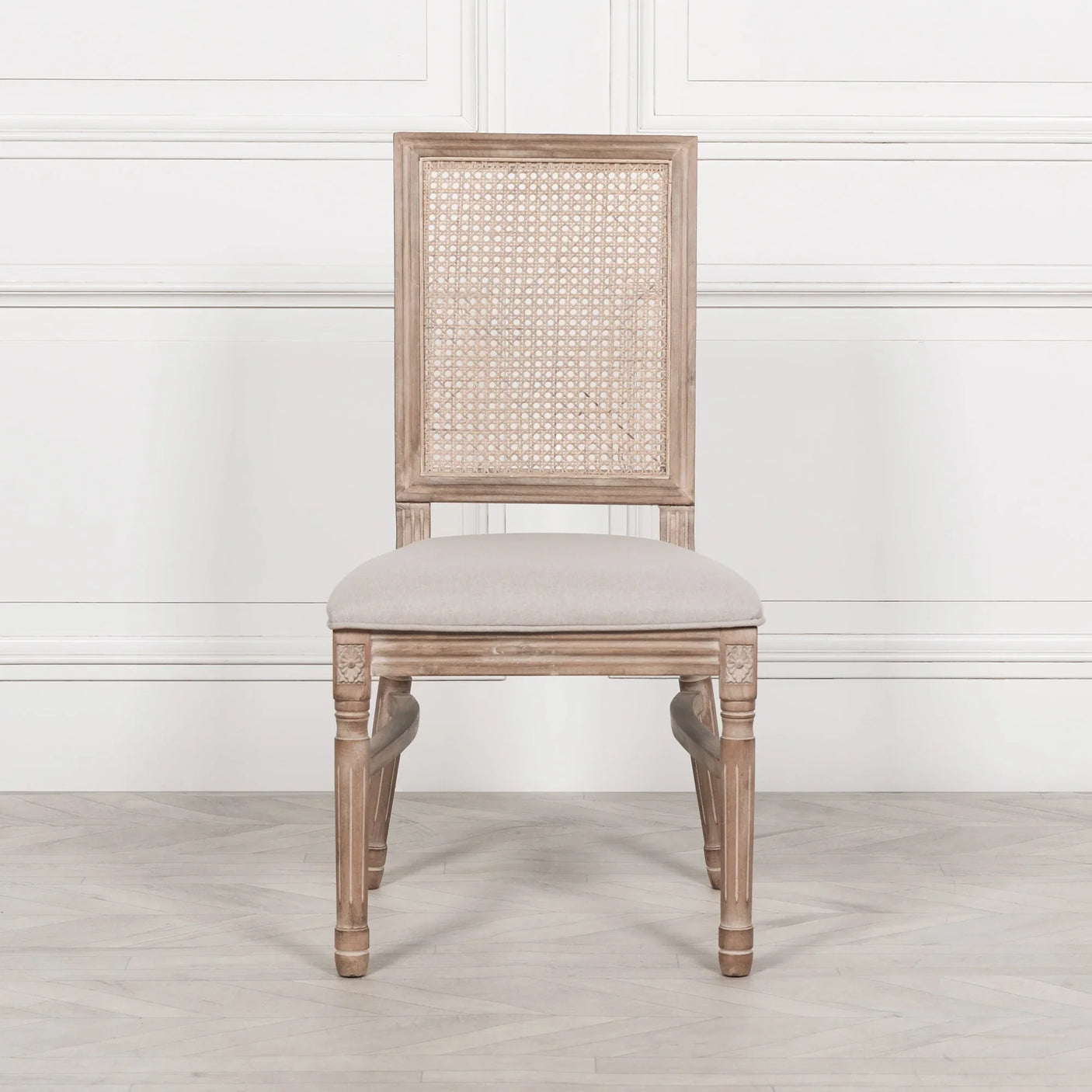 Wooden Louis Upholstered Square Rattan Back Dining Chair