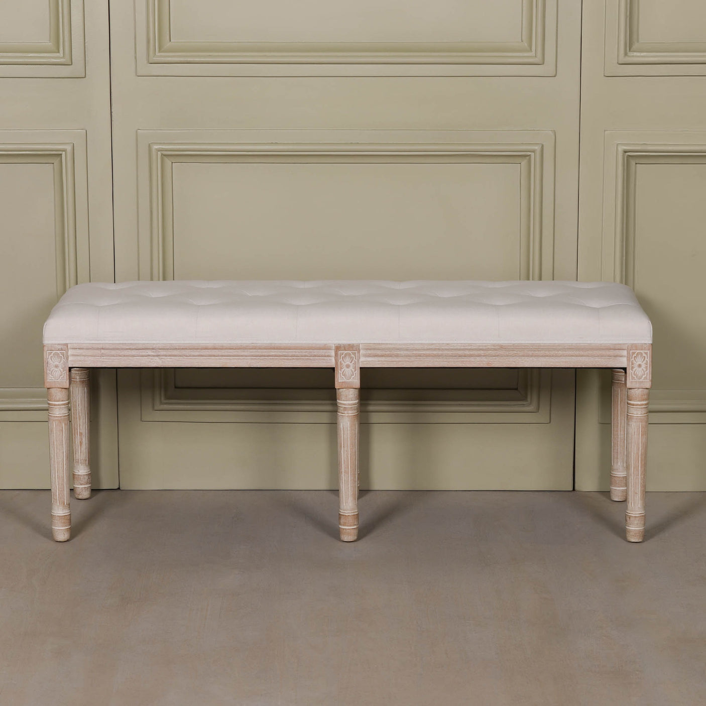 Light Wooden Louis Upholstered Bench in birch wood with a linen tufted seat in a soft neutral tone