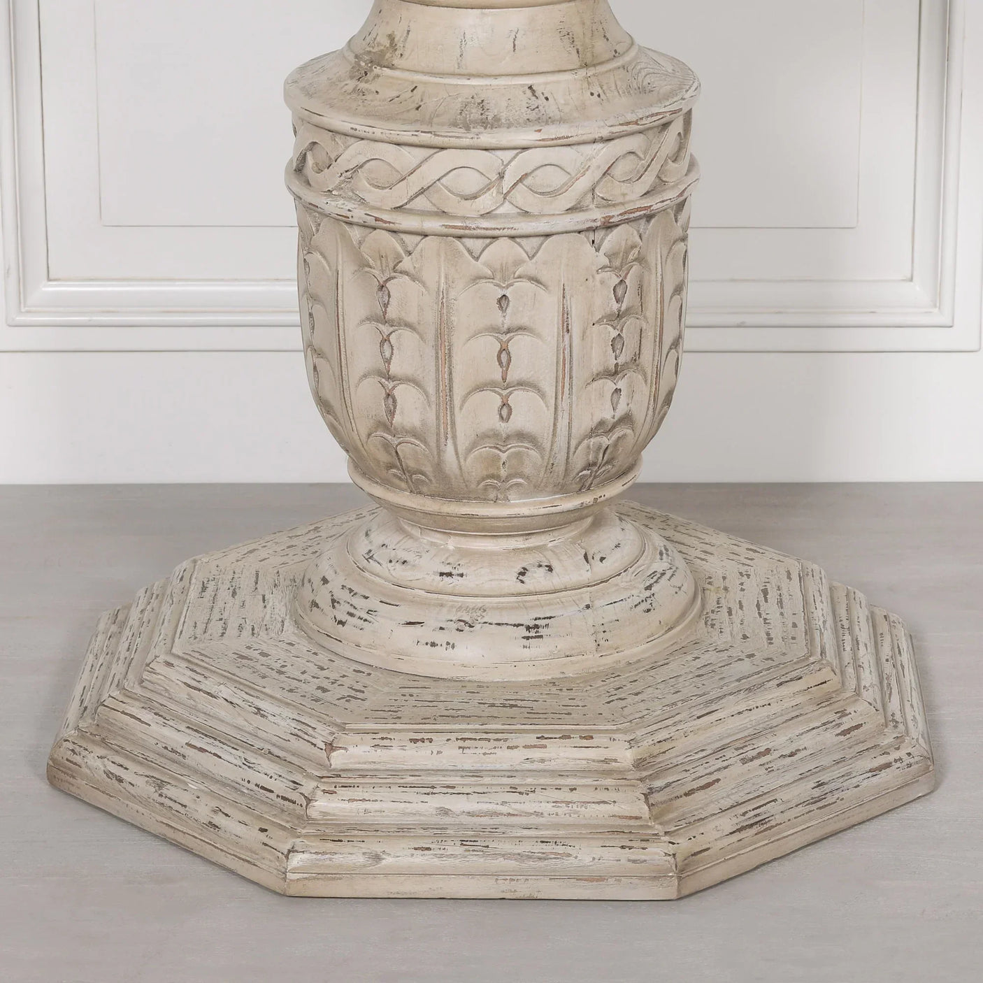 Distressed wood dining table pedestal base with carved detail and octagonal plinth