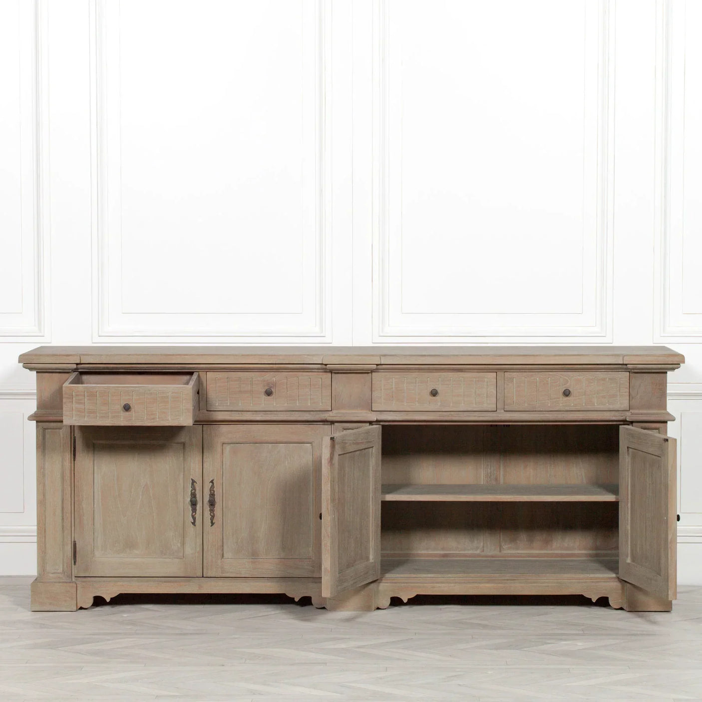 Wood sideboard with four drawers and open cabinet doors, natural finish, front view