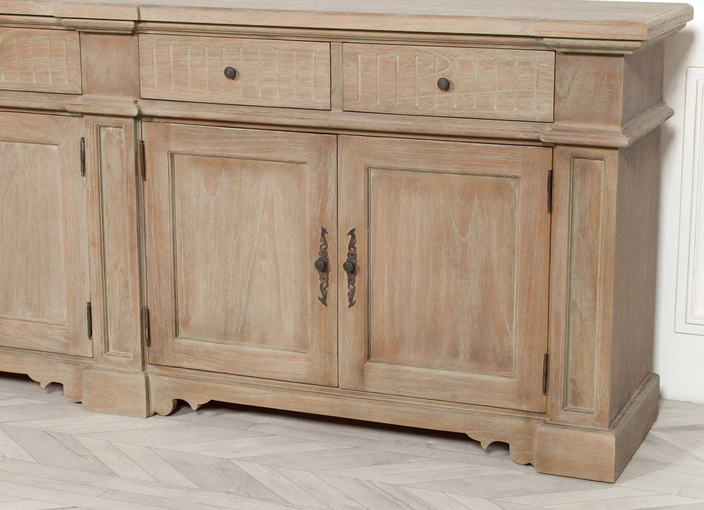 Oak sideboard with two drawers and double cabinet doors, antique handles, wooden finish