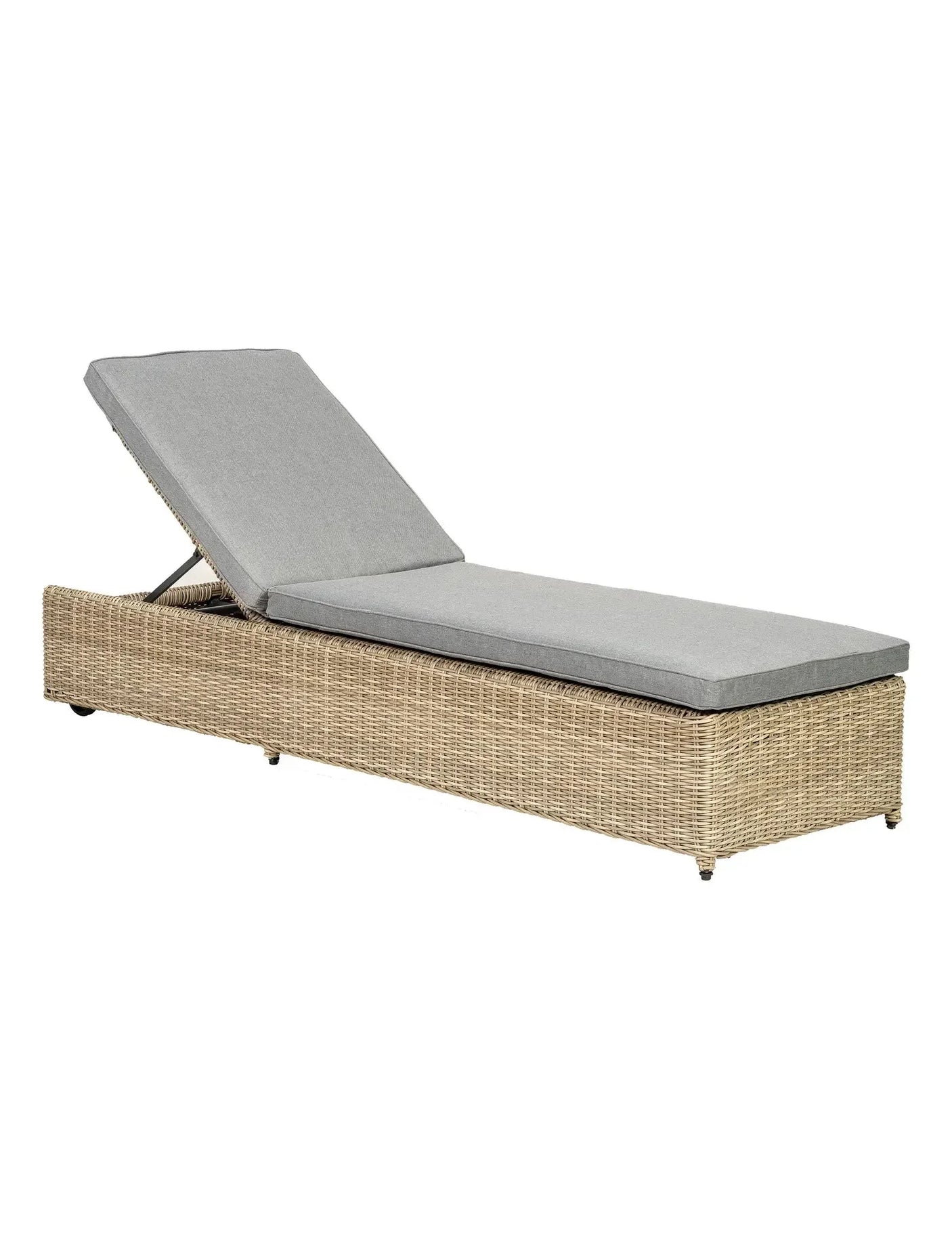 Rattan sun lounger with adjustable backrest and grey cushion