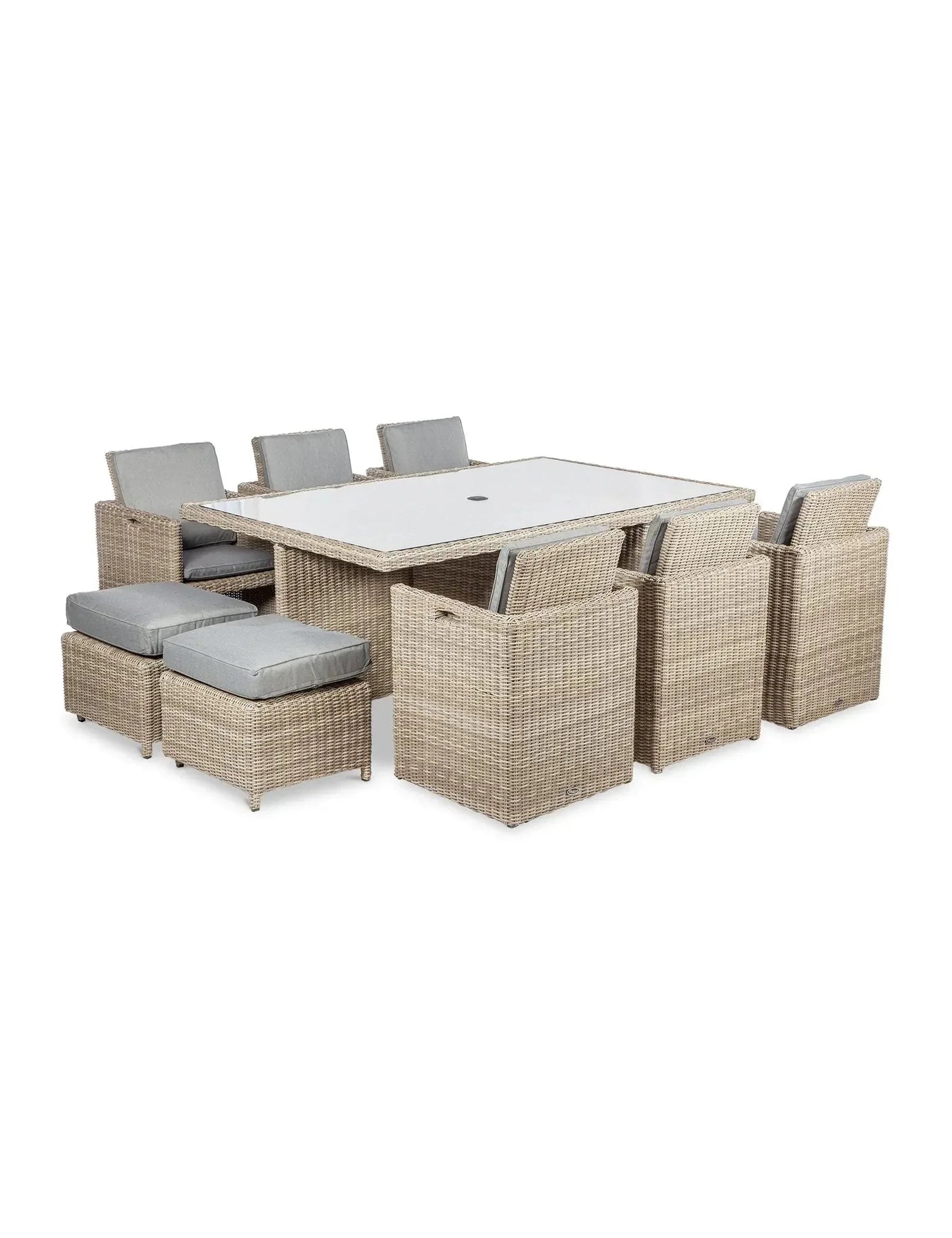 Rattan garden dining set with rectangular table, cushioned chairs and footstools
