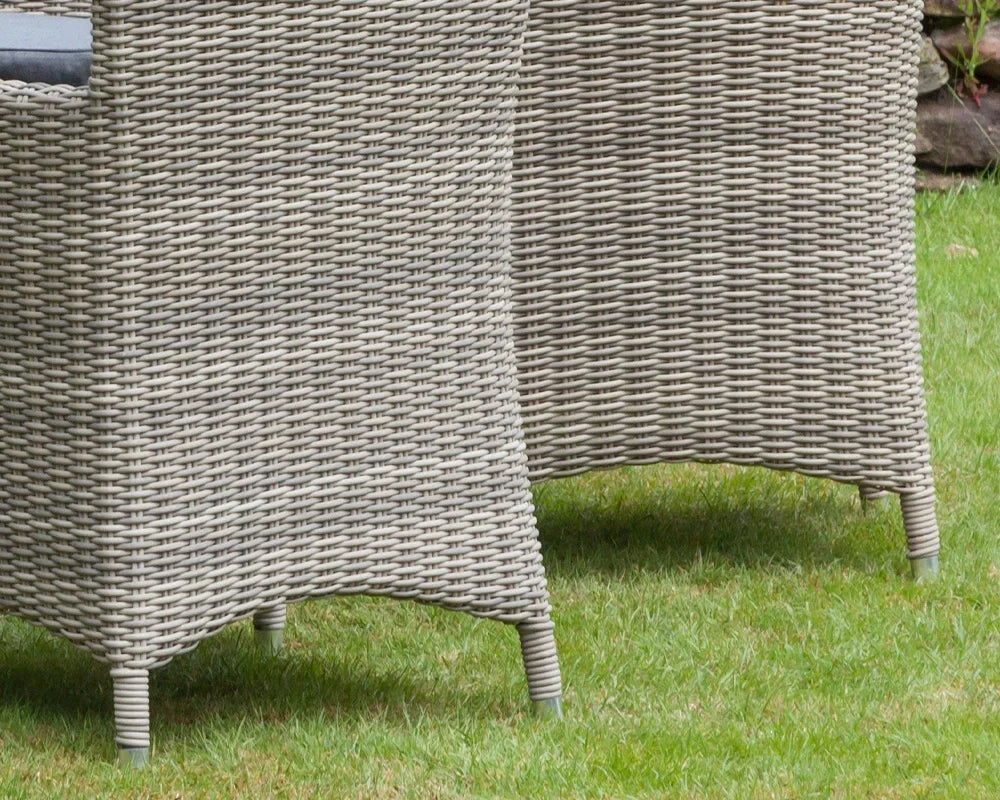 Close-up of grey rattan garden furniture legs on grass