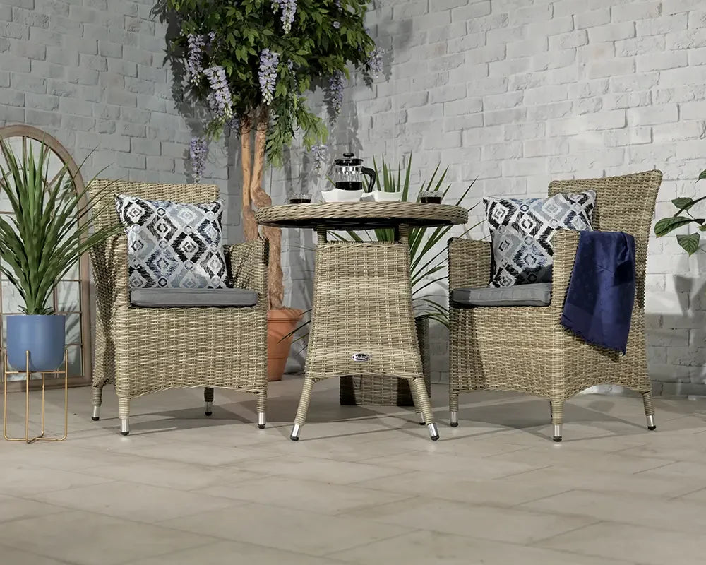 Natural rattan garden dining set with cushions and round table, styled with plants