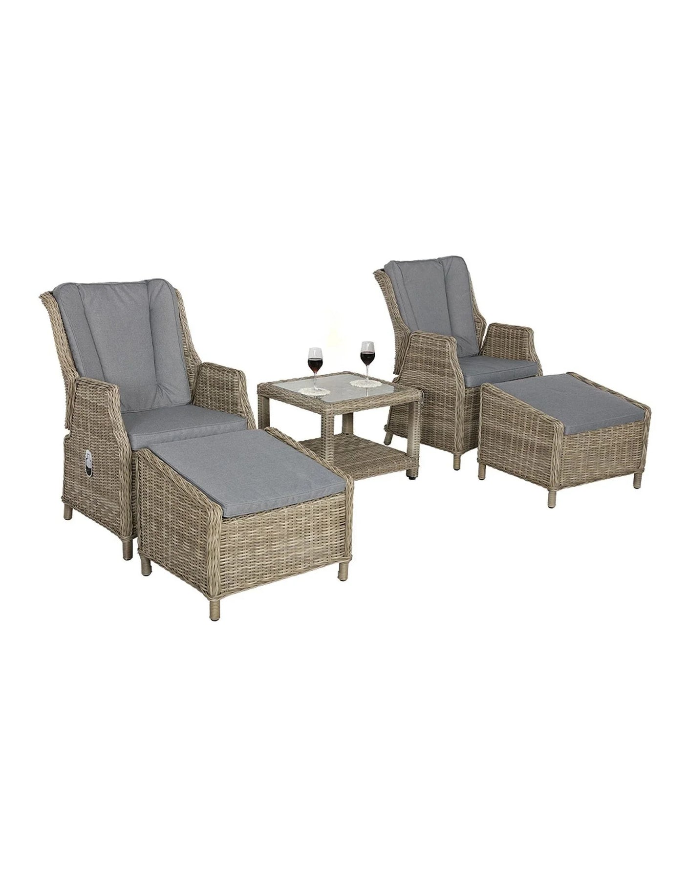 Rattan garden lounge set with two chairs, matching footstools, side table, and grey cushions
