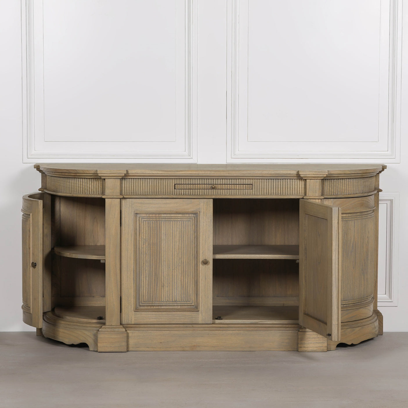 Rustic wooden fluted buffet sideboard with two doors and open shelving.