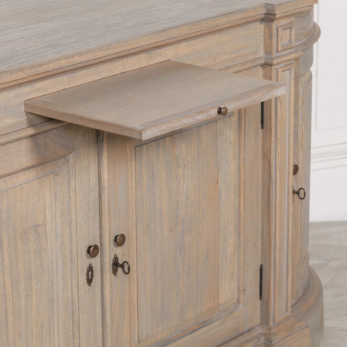 Light wood sideboard with pull-out tray and antique brass handles