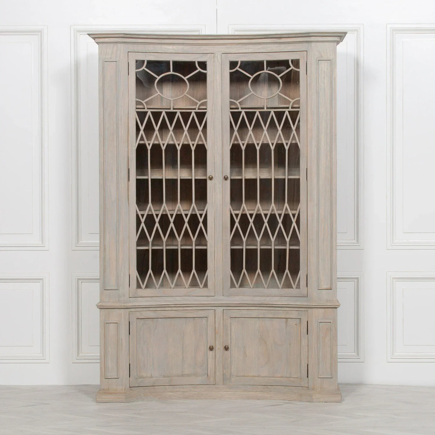 Wooden corner display cabinet with glass doors and geometric lattice design
