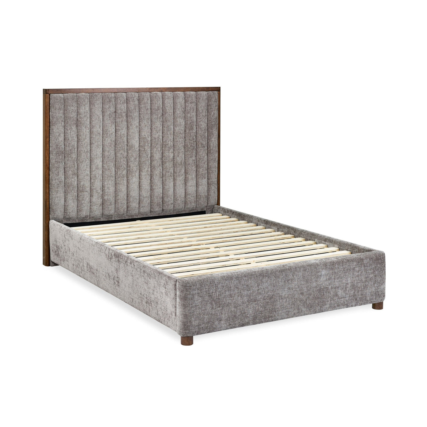 Front angled view of grey upholstered bed frame without mattress showing wooden slats and tall headboard
