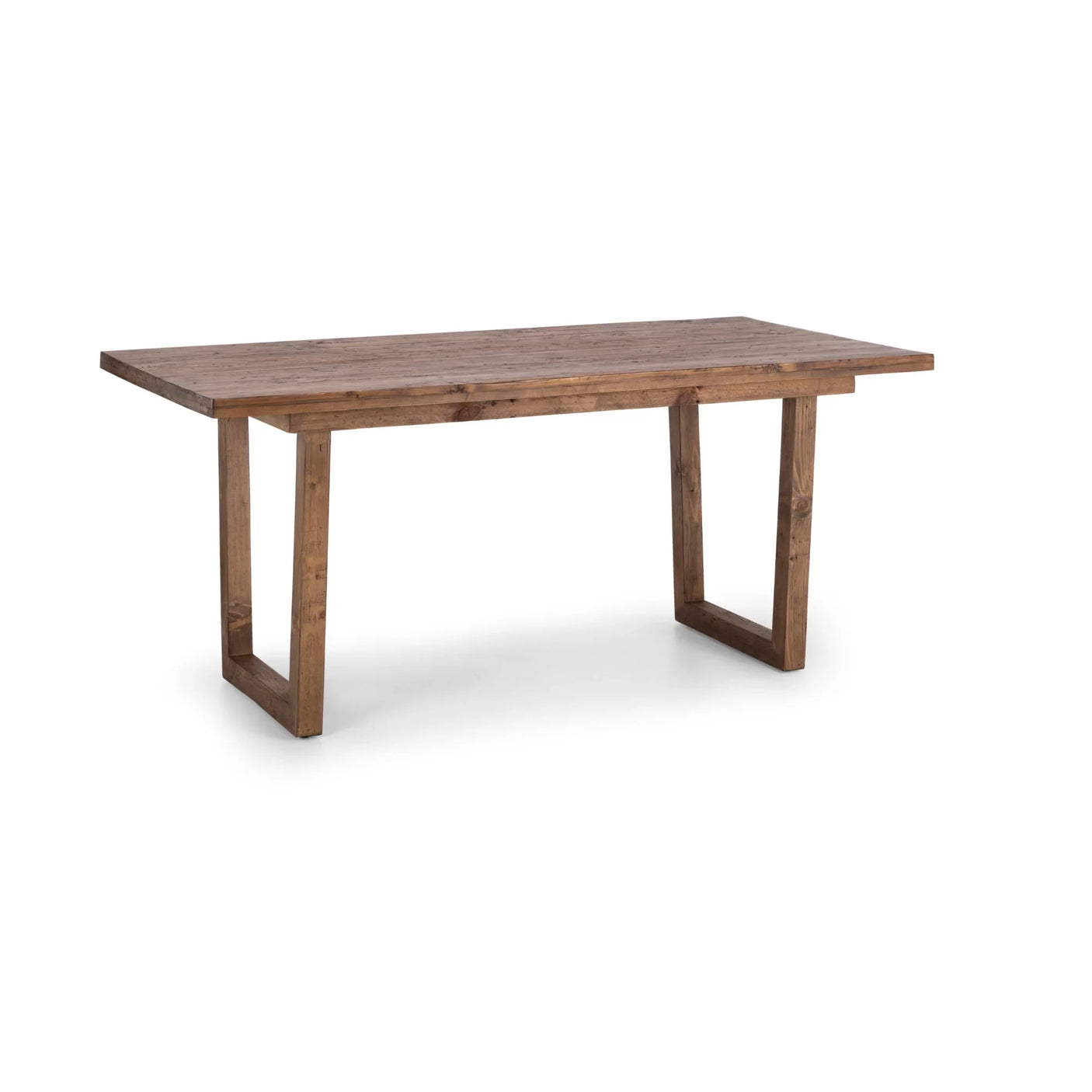 Rustic wooden dining table with rectangular top and open square legs on white background
