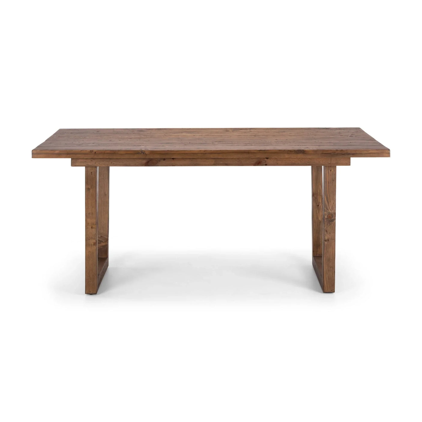Rectangular wooden dining table with natural finish and sturdy leg design, front view