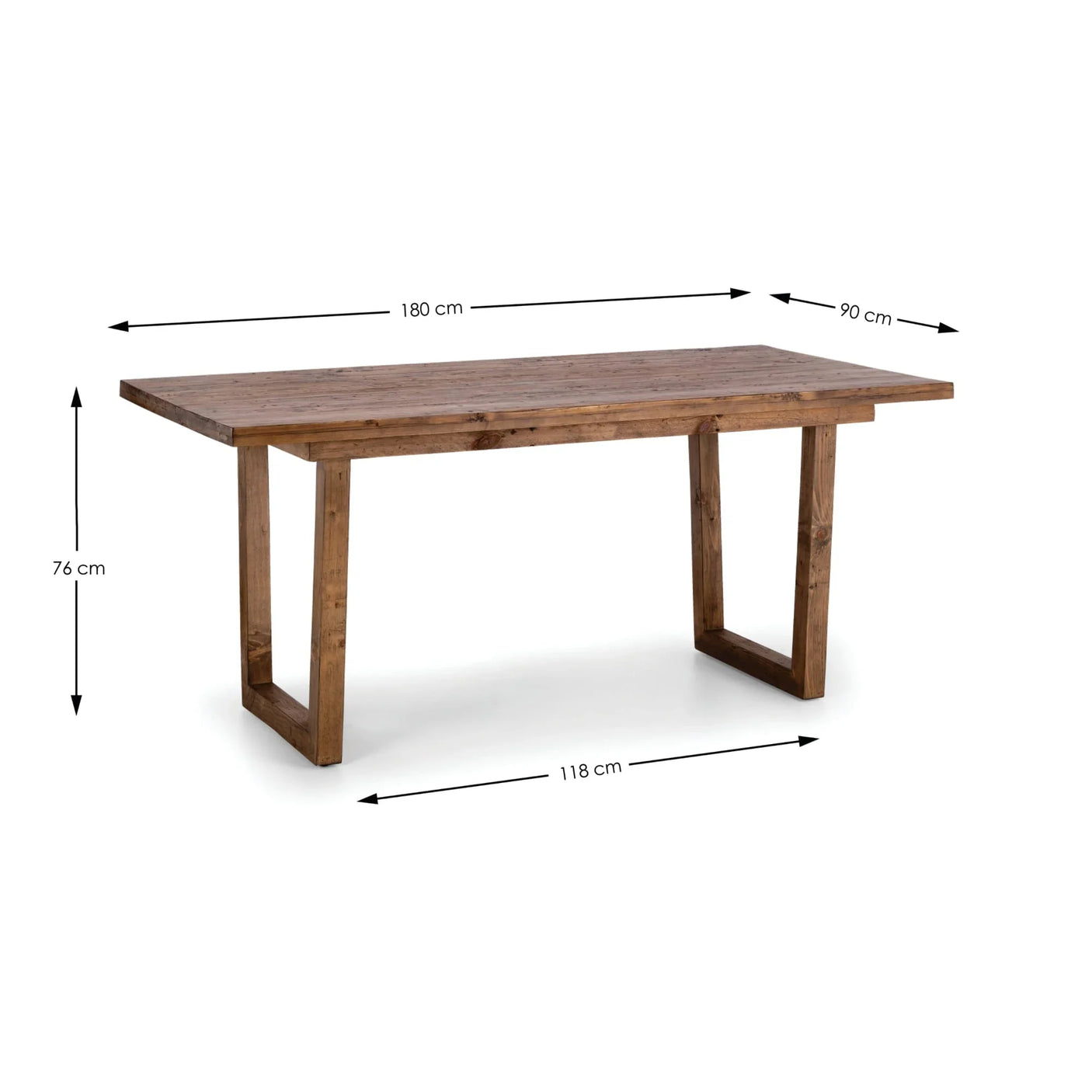 Rustic wooden dining table with rectangular top and geometric legs, dimensions labeled in cm