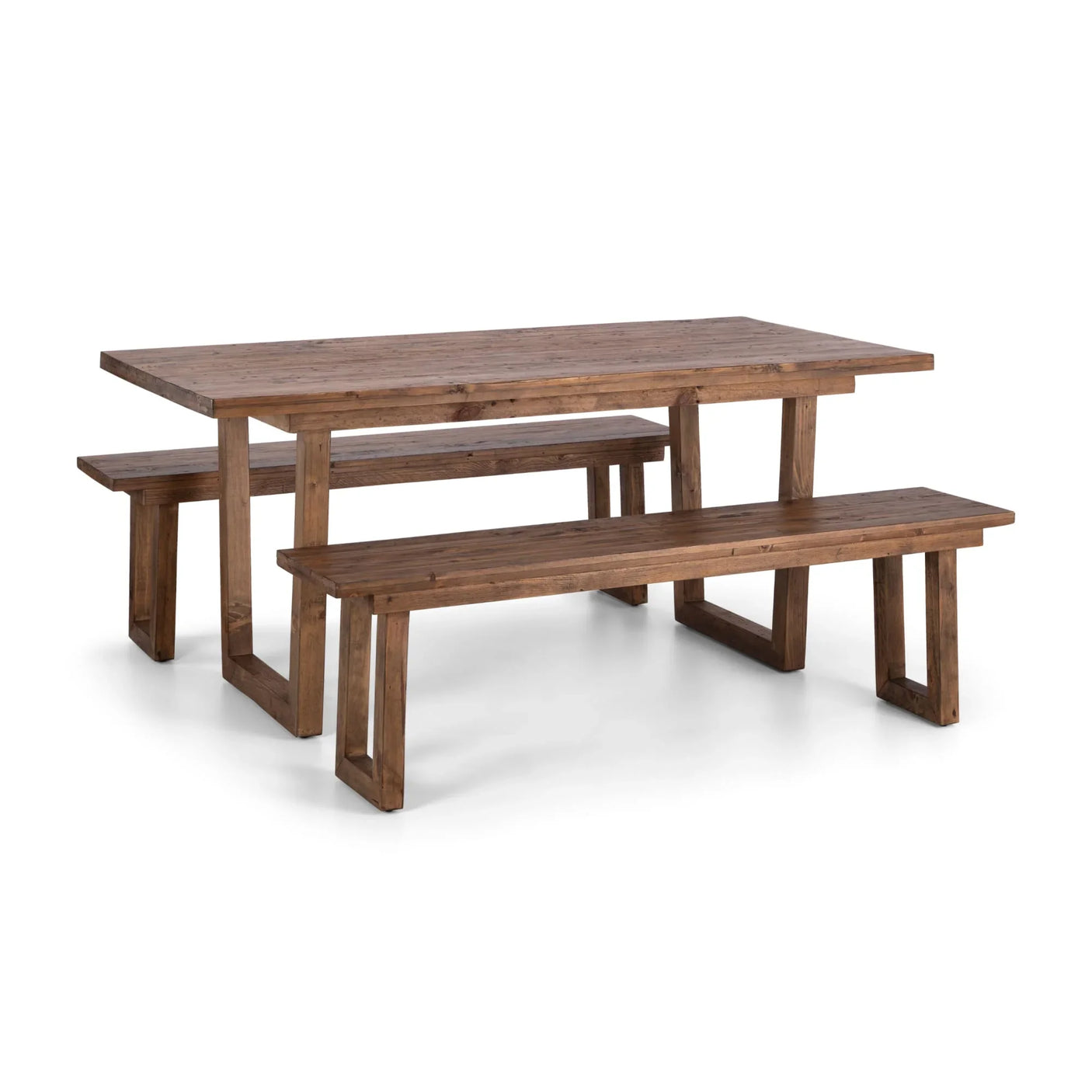 Rustic wooden dining table with two matching benches, rectangular, natural finish