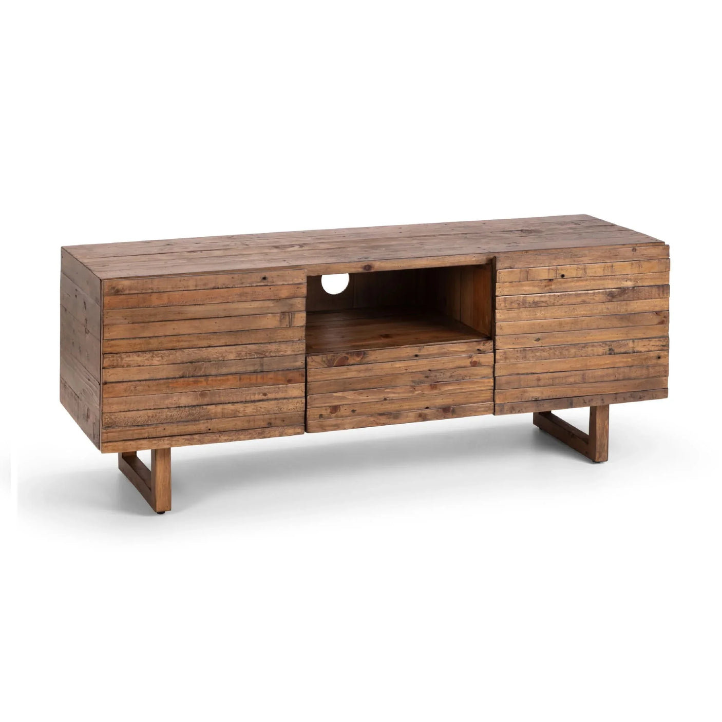 Rustic wooden TV unit with slatted doors, open shelf, cable hole, and two drawers