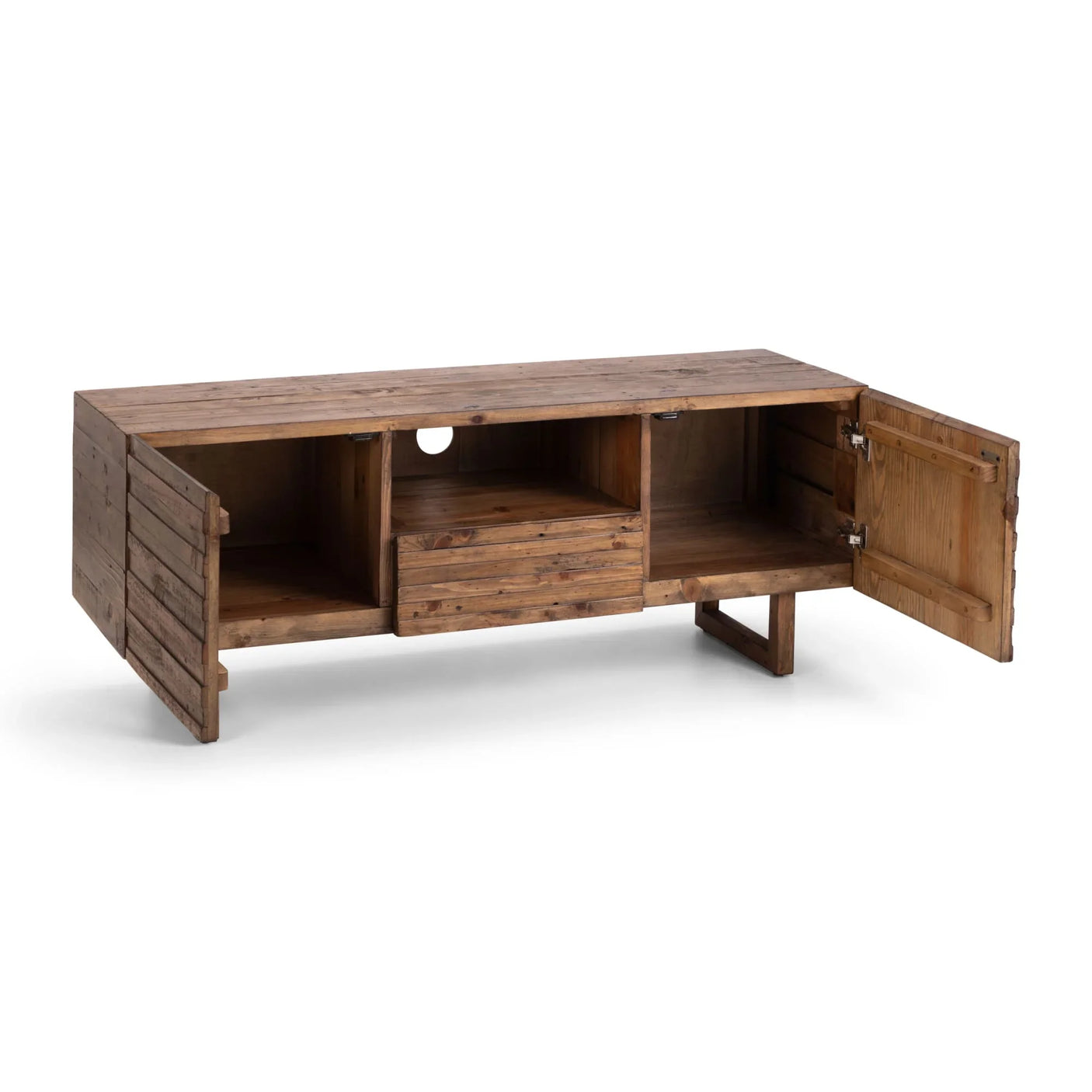 Rustic wooden TV unit with open shelves, two drawers and two side cupboard doors open
