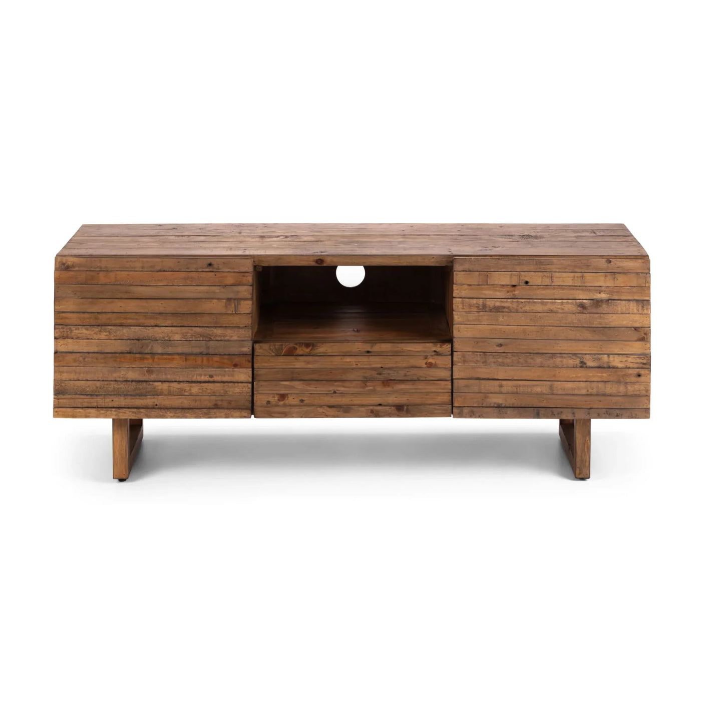 Rustic wooden TV unit with two side cabinets, central shelf and drawer, front view