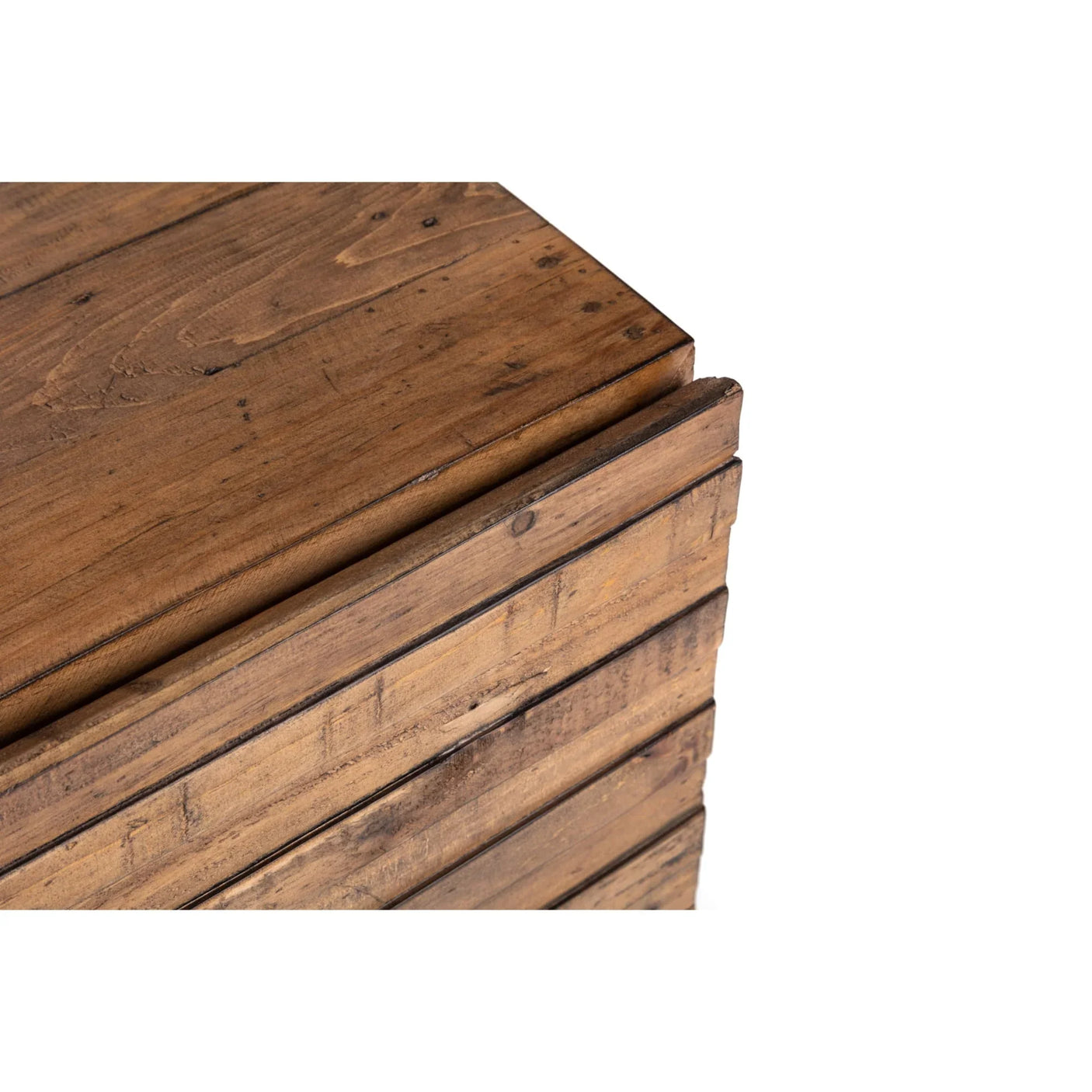 Corner view of rustic wooden storage chest with slatted detail and natural wood grain