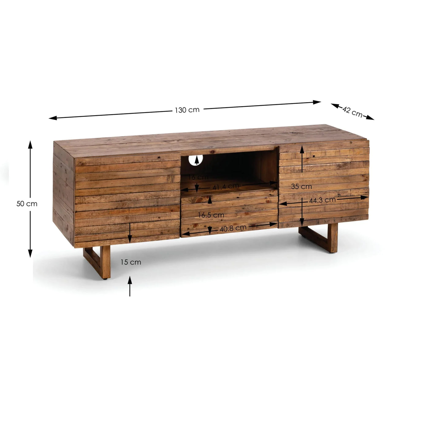 Rustic wooden TV unit with open shelf, two drawers, and visible dimensions in centimeters