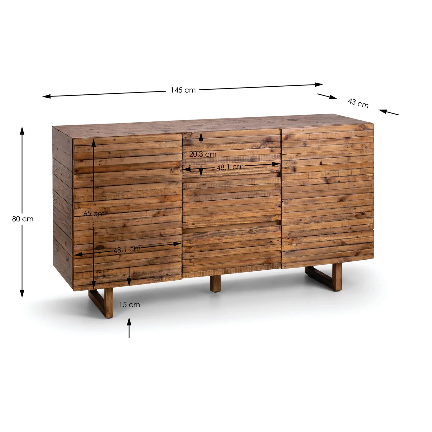 Rustic wooden sideboard with horizontal slats, metal legs, and labeled dimensions in centimeters