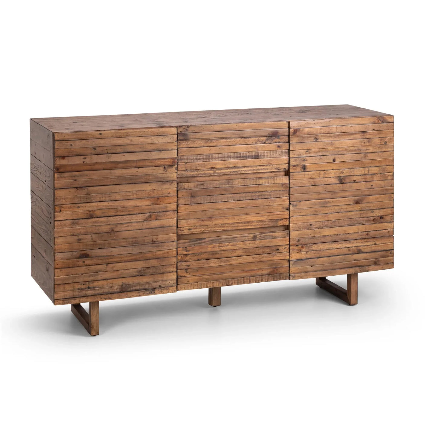 Rustic wood sideboard with horizontal slat design and three doors on raised legs